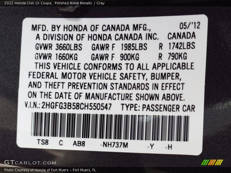 Polished Metal Metallic / Gray 2012 Honda Civic LX Coupe