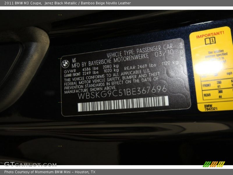 Jerez Black Metallic / Bamboo Beige Novillo Leather 2011 BMW M3 Coupe