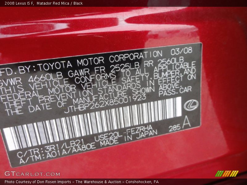 2008 IS F Matador Red Mica Color Code 3R1