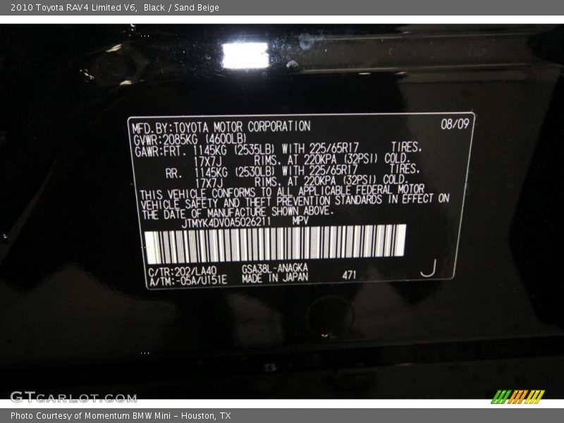 2010 RAV4 Limited V6 Black Color Code 202