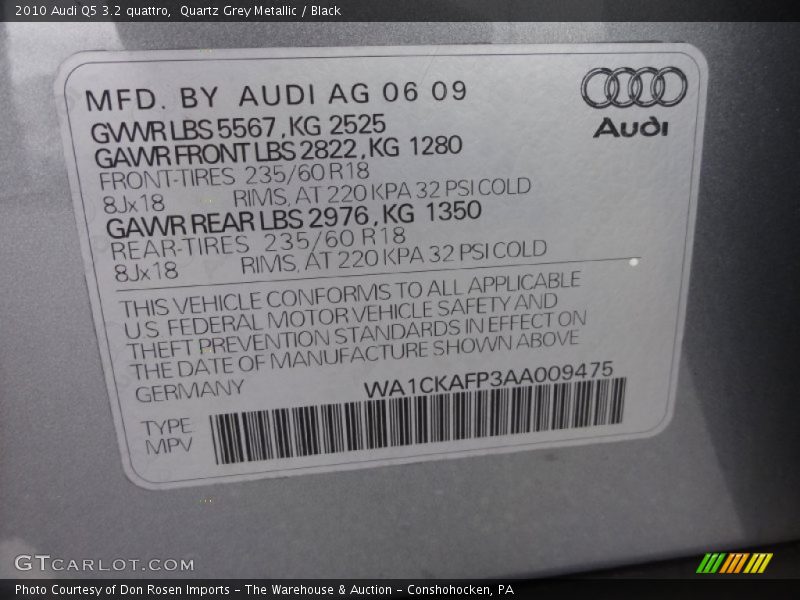 Quartz Grey Metallic / Black 2010 Audi Q5 3.2 quattro