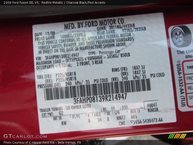 Redfire Metallic / Charcoal Black/Red Accents 2009 Ford Fusion SEL V6