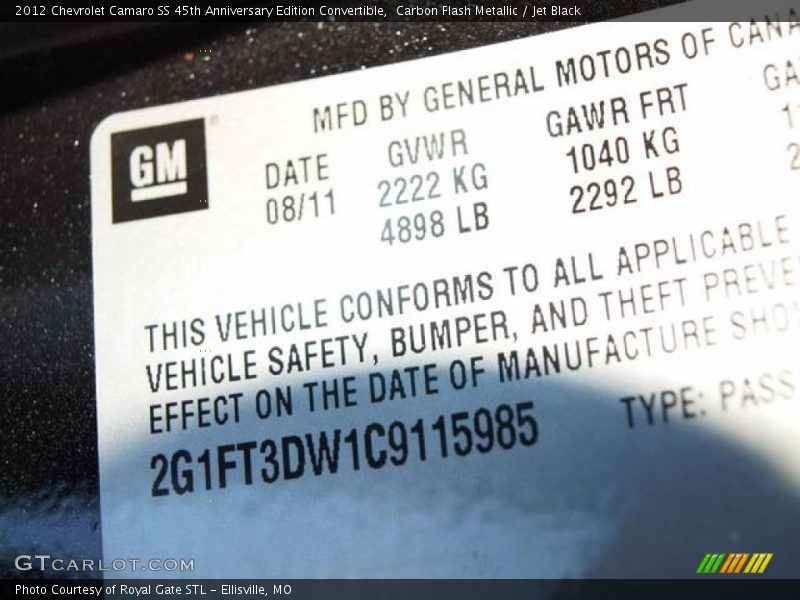 Carbon Flash Metallic / Jet Black 2012 Chevrolet Camaro SS 45th Anniversary Edition Convertible