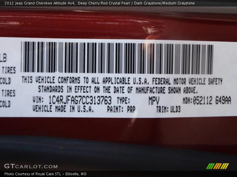 Deep Cherry Red Crystal Pearl / Dark Graystone/Medium Graystone 2012 Jeep Grand Cherokee Altitude 4x4