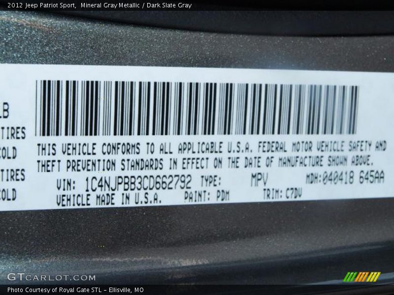Mineral Gray Metallic / Dark Slate Gray 2012 Jeep Patriot Sport