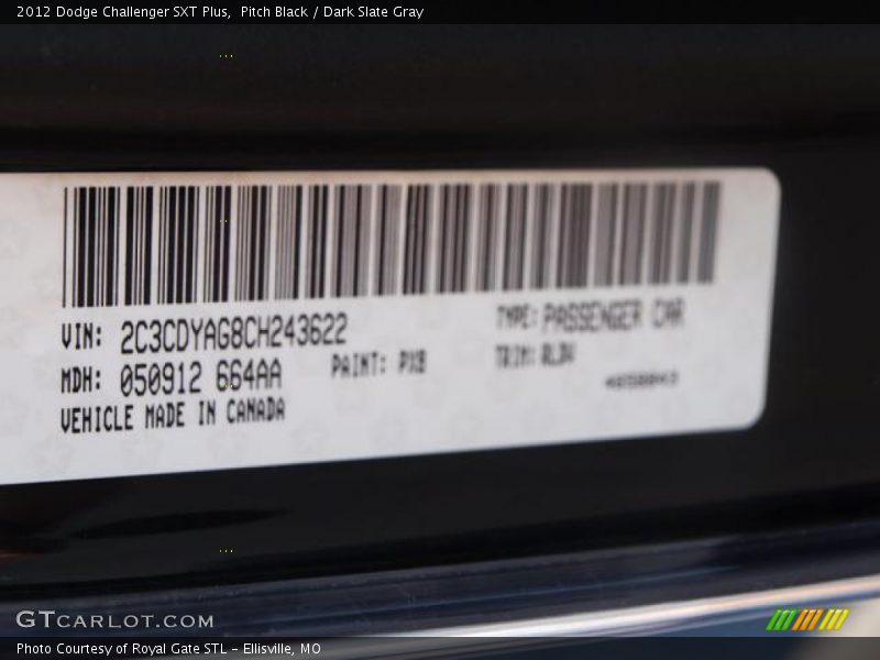 Pitch Black / Dark Slate Gray 2012 Dodge Challenger SXT Plus