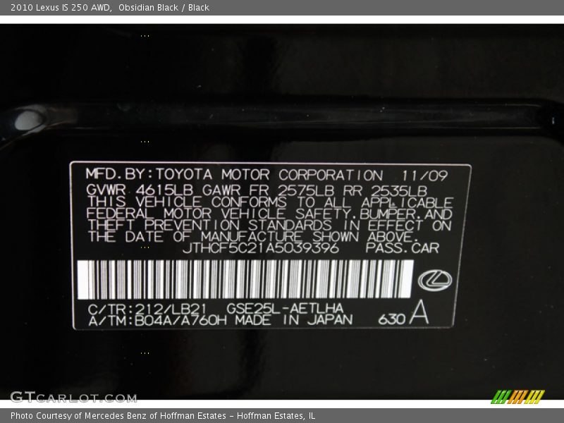 Obsidian Black / Black 2010 Lexus IS 250 AWD