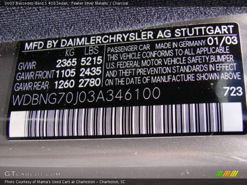 2003 S 430 Sedan Pewter Silver Metallic Color Code 723