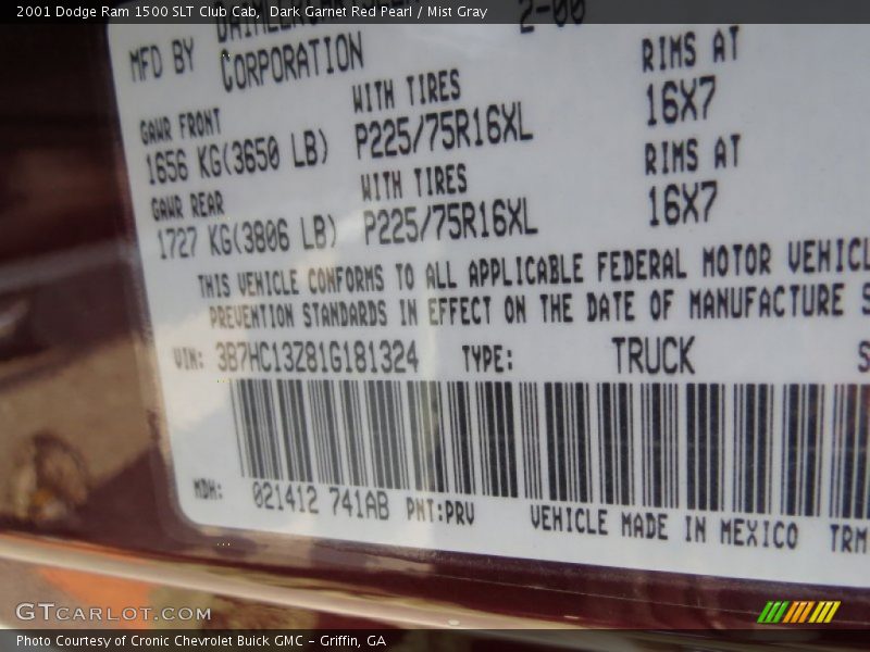2001 Ram 1500 SLT Club Cab Dark Garnet Red Pearl Color Code PRV