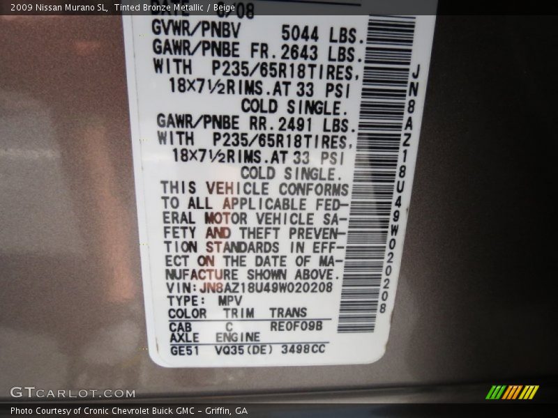 Tinted Bronze Metallic / Beige 2009 Nissan Murano SL
