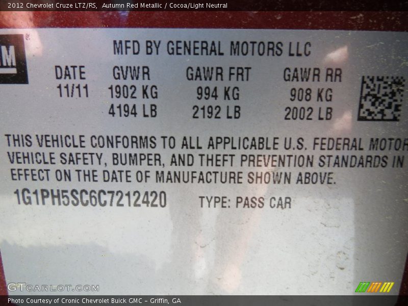 Autumn Red Metallic / Cocoa/Light Neutral 2012 Chevrolet Cruze LTZ/RS