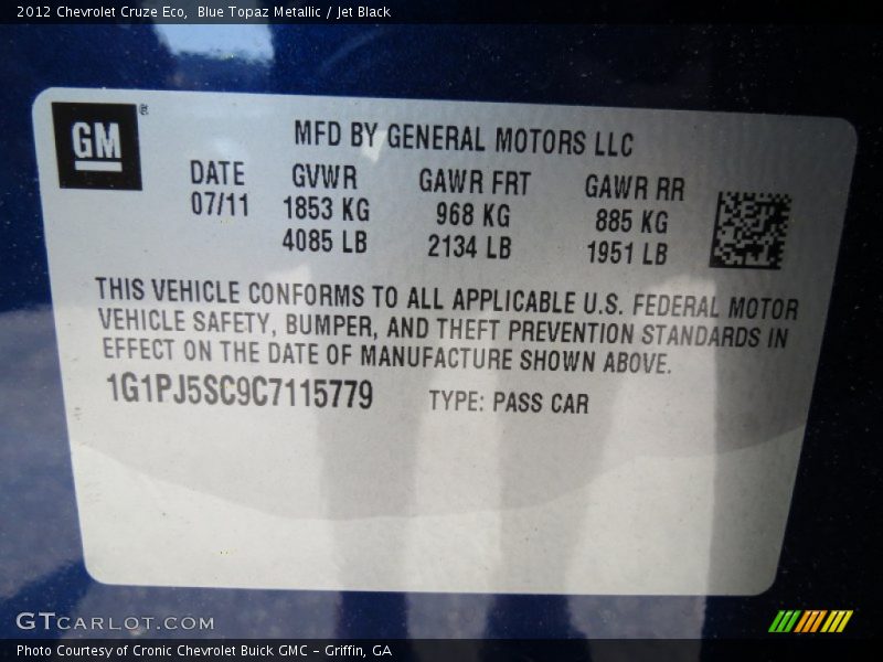 Blue Topaz Metallic / Jet Black 2012 Chevrolet Cruze Eco