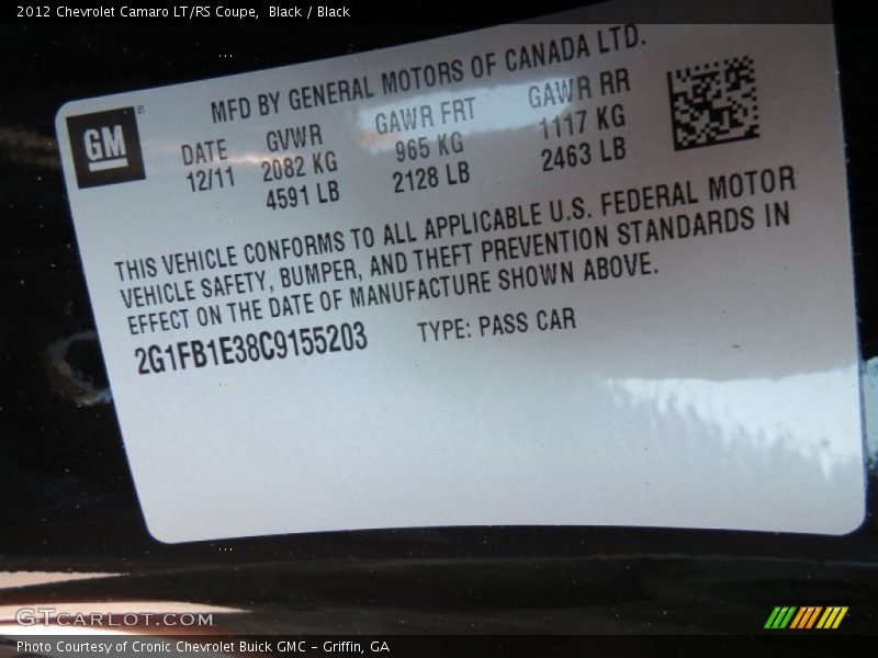 Black / Black 2012 Chevrolet Camaro LT/RS Coupe