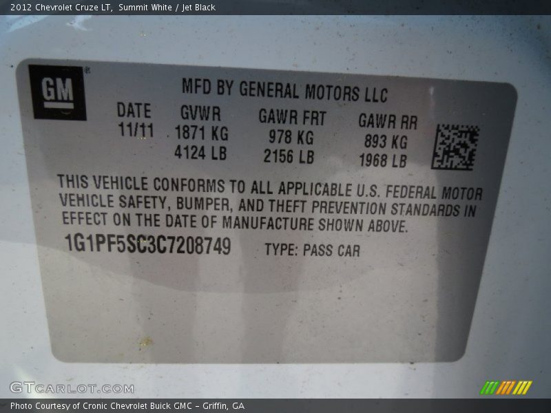 Summit White / Jet Black 2012 Chevrolet Cruze LT