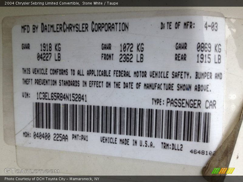 2004 Sebring Limited Convertible Stone White Color Code PW1