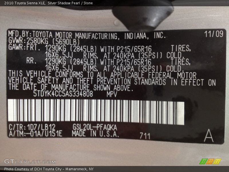 Silver Shadow Pearl / Stone 2010 Toyota Sienna XLE