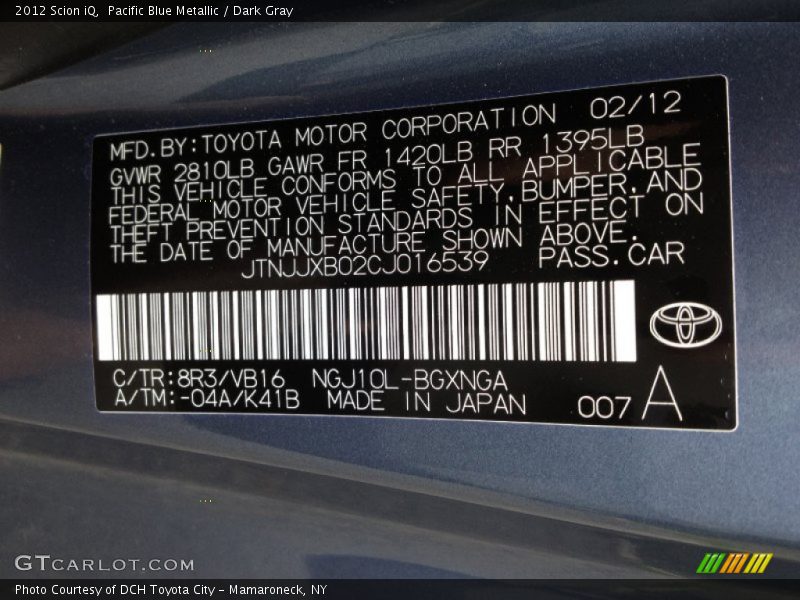 Pacific Blue Metallic / Dark Gray 2012 Scion iQ