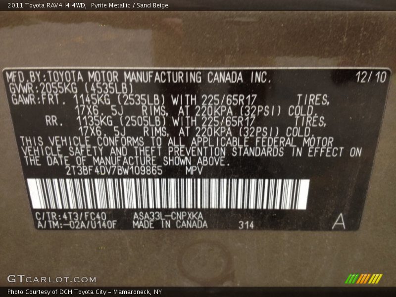 2011 RAV4 I4 4WD Pyrite Metallic Color Code 4T3