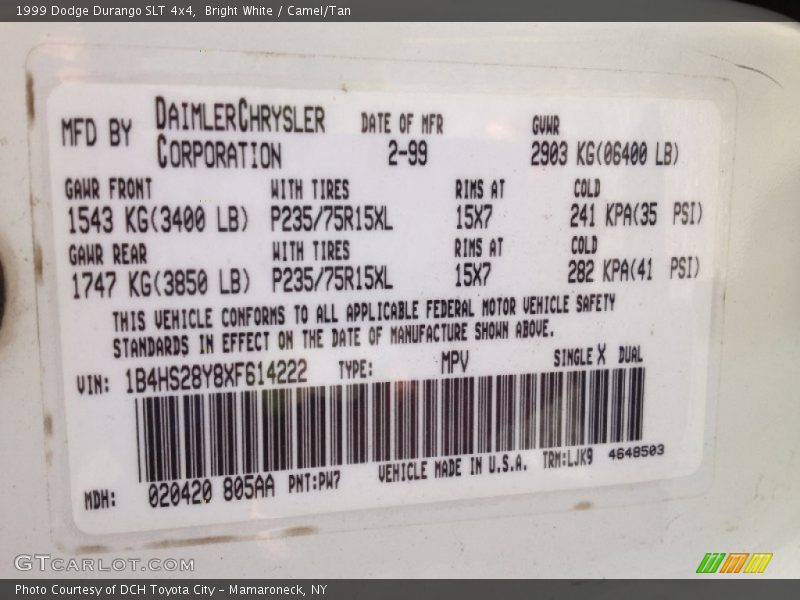 1999 Durango SLT 4x4 Bright White Color Code PW7