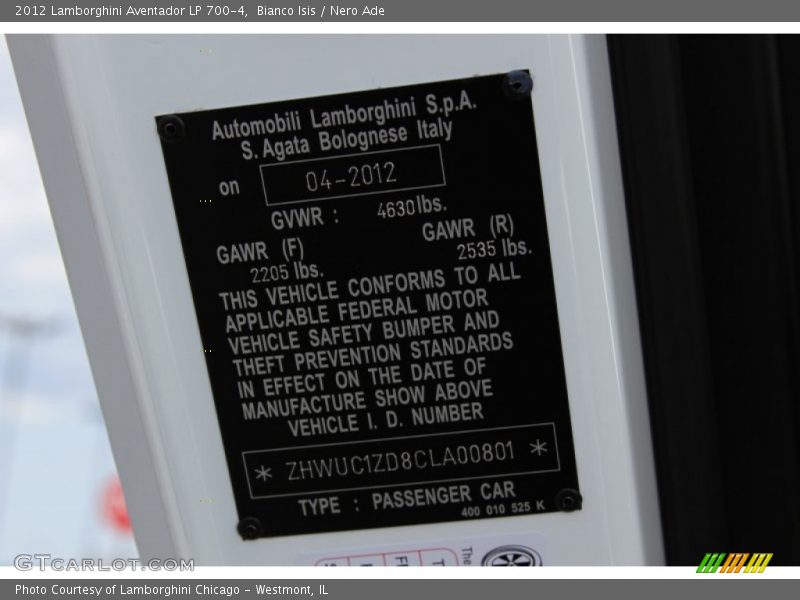 Bianco Isis / Nero Ade 2012 Lamborghini Aventador LP 700-4