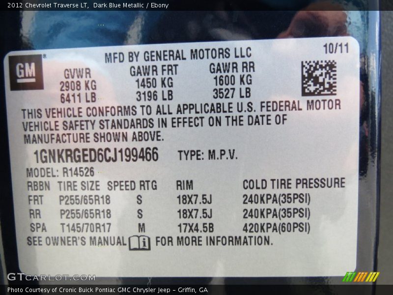 Dark Blue Metallic / Ebony 2012 Chevrolet Traverse LT