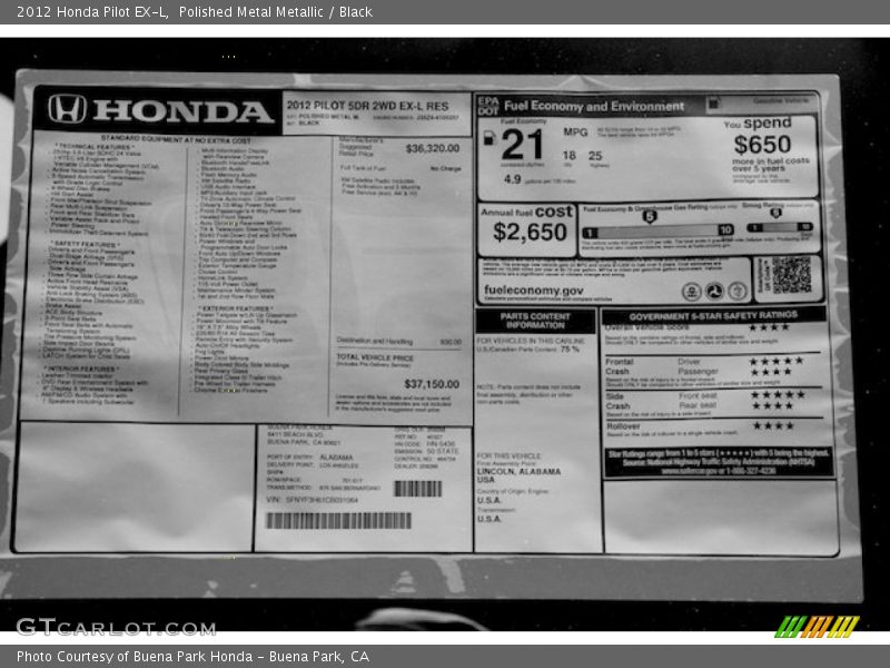Polished Metal Metallic / Black 2012 Honda Pilot EX-L