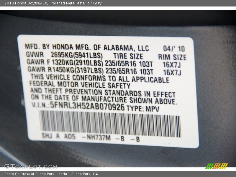 Polished Metal Metallic / Gray 2010 Honda Odyssey EX