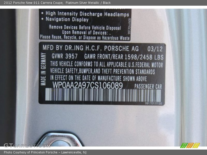 Platinum Silver Metallic / Black 2012 Porsche New 911 Carrera Coupe