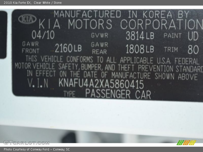 Clear White / Stone 2010 Kia Forte EX