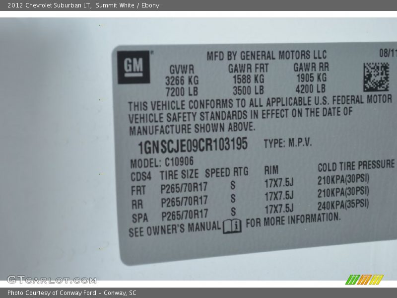 Summit White / Ebony 2012 Chevrolet Suburban LT