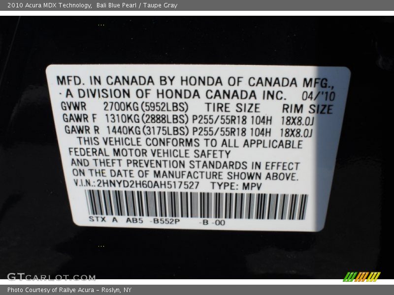 Bali Blue Pearl / Taupe Gray 2010 Acura MDX Technology