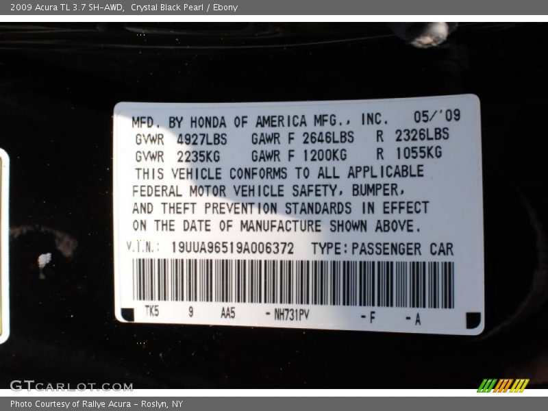 2009 TL 3.7 SH-AWD Crystal Black Pearl Color Code NH731PV