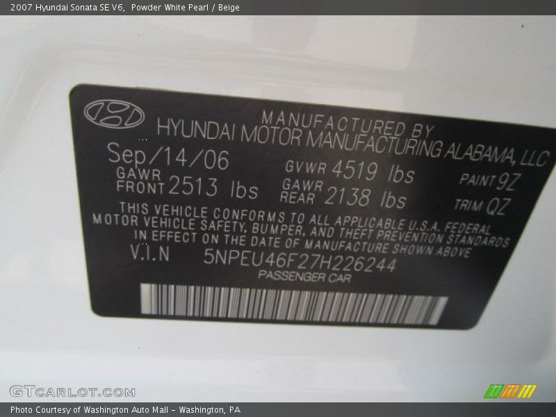Powder White Pearl / Beige 2007 Hyundai Sonata SE V6