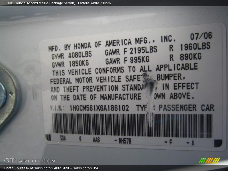 Taffeta White / Ivory 2006 Honda Accord Value Package Sedan