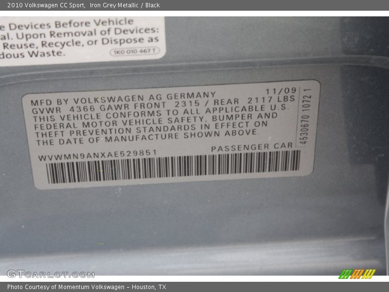 Iron Grey Metallic / Black 2010 Volkswagen CC Sport
