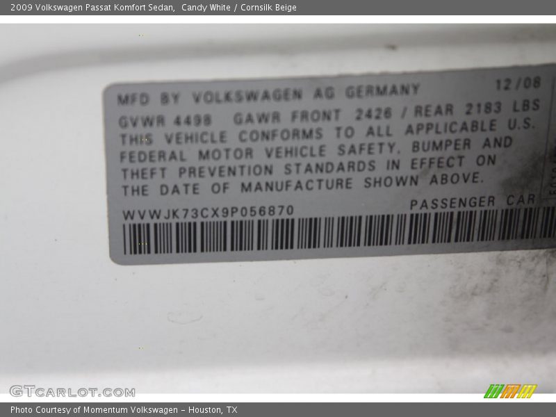 Candy White / Cornsilk Beige 2009 Volkswagen Passat Komfort Sedan