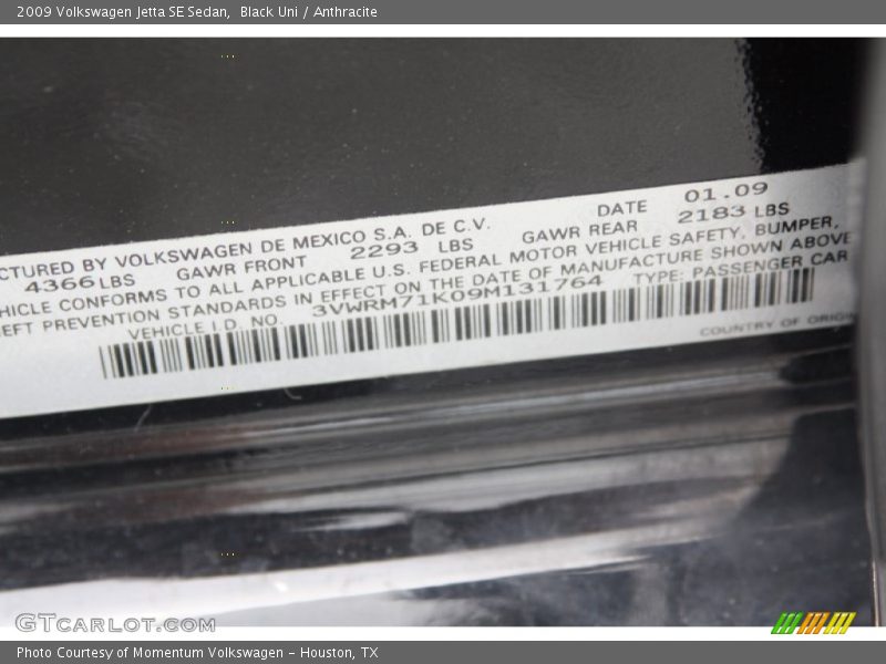 Black Uni / Anthracite 2009 Volkswagen Jetta SE Sedan