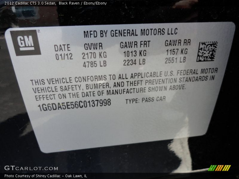Black Raven / Ebony/Ebony 2012 Cadillac CTS 3.0 Sedan