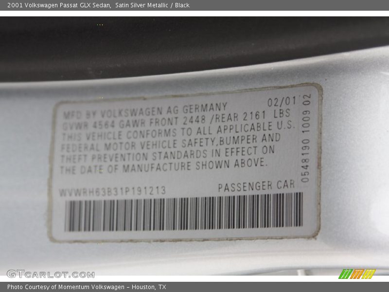 Satin Silver Metallic / Black 2001 Volkswagen Passat GLX Sedan