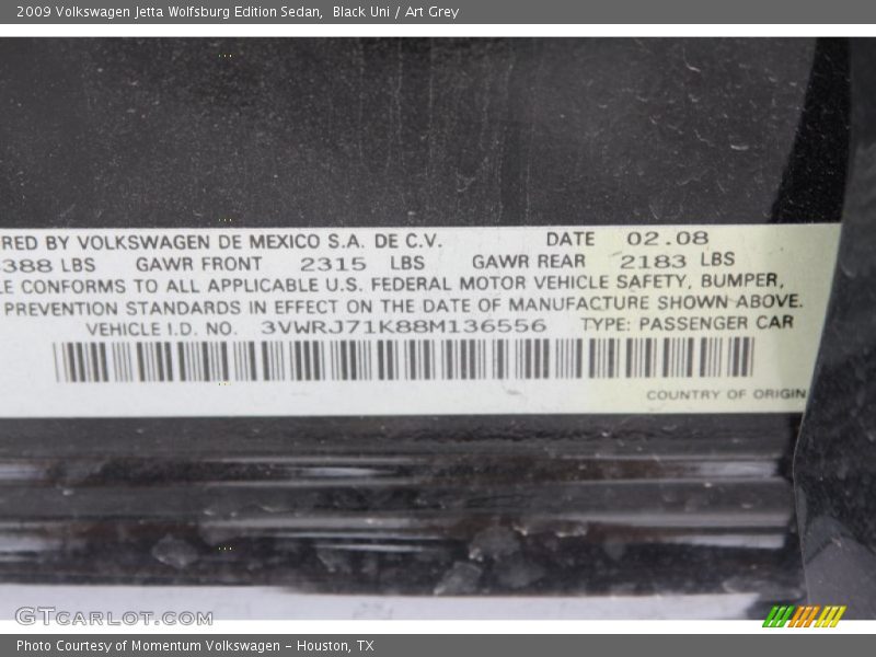Black Uni / Art Grey 2009 Volkswagen Jetta Wolfsburg Edition Sedan