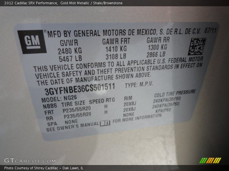 Gold Mist Metallic / Shale/Brownstone 2012 Cadillac SRX Performance