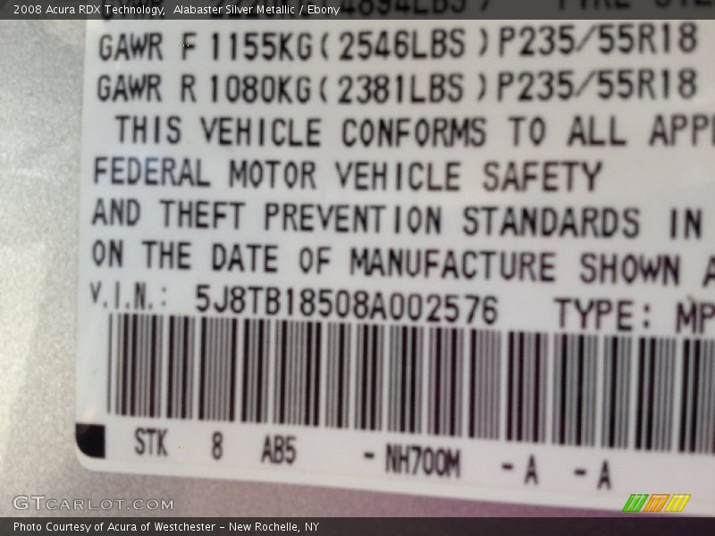 Alabaster Silver Metallic / Ebony 2008 Acura RDX Technology