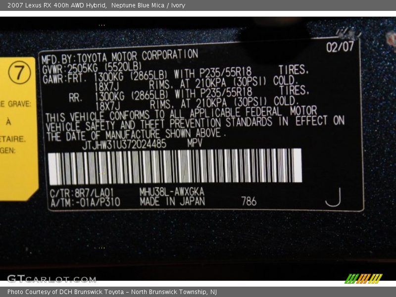 Neptune Blue Mica / Ivory 2007 Lexus RX 400h AWD Hybrid