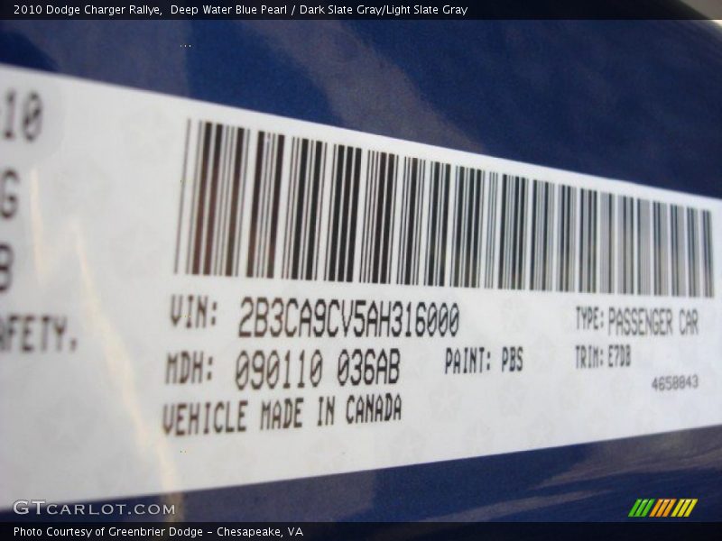 2010 Charger Rallye Deep Water Blue Pearl Color Code PBS