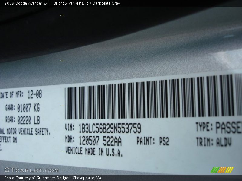 Bright Silver Metallic / Dark Slate Gray 2009 Dodge Avenger SXT