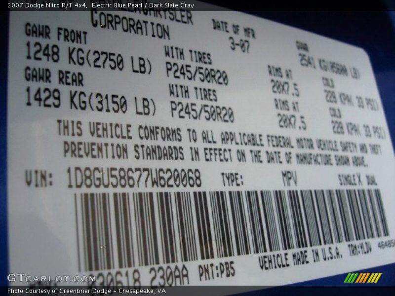 2007 Nitro R/T 4x4 Electric Blue Pearl Color Code PB5