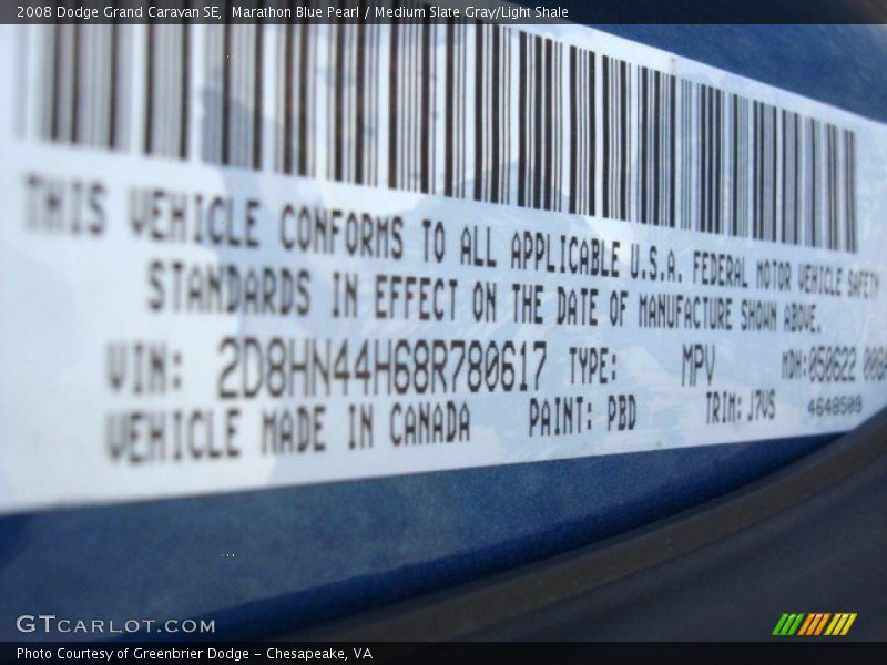 Marathon Blue Pearl / Medium Slate Gray/Light Shale 2008 Dodge Grand Caravan SE