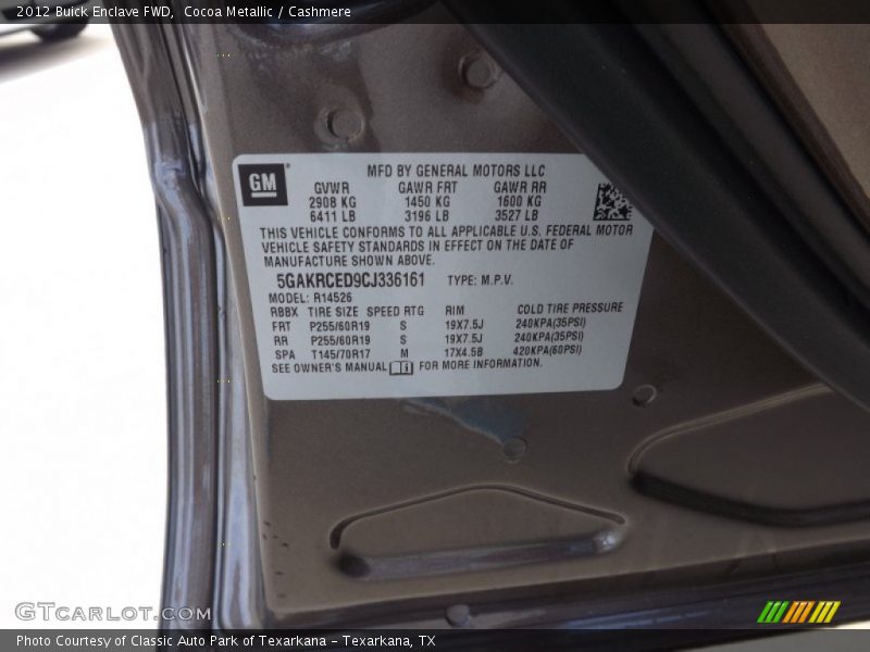 Cocoa Metallic / Cashmere 2012 Buick Enclave FWD