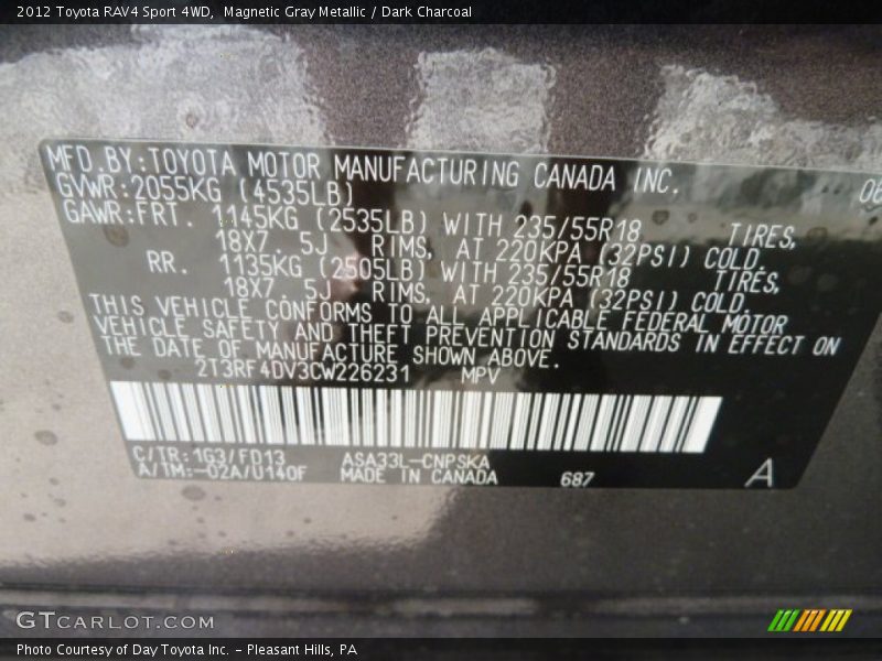 2012 RAV4 Sport 4WD Magnetic Gray Metallic Color Code 1G3