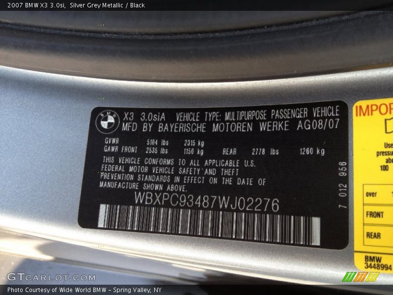 Silver Grey Metallic / Black 2007 BMW X3 3.0si